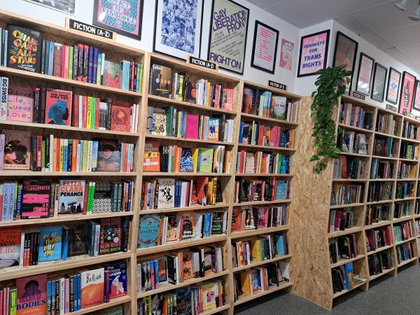 Bookshelves filled with books and framed artworks above