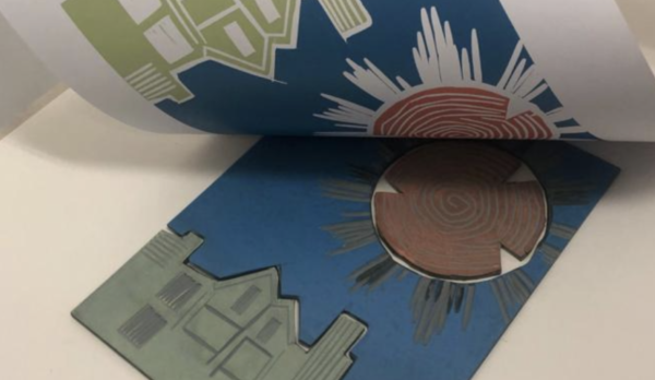 A linocut image of a street scene with the sky and sun being printed in blue, green and red