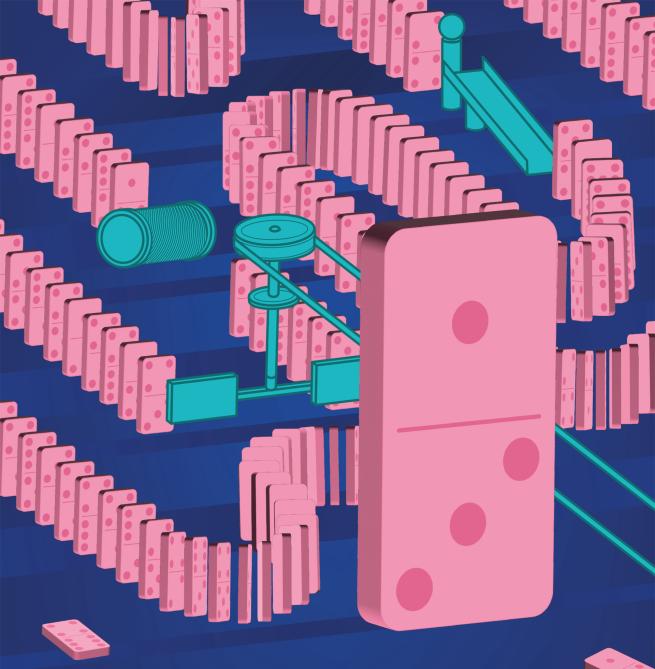 Artist rendering of a stylised domino rally