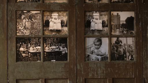 A collage of sepia coloured pictures of children