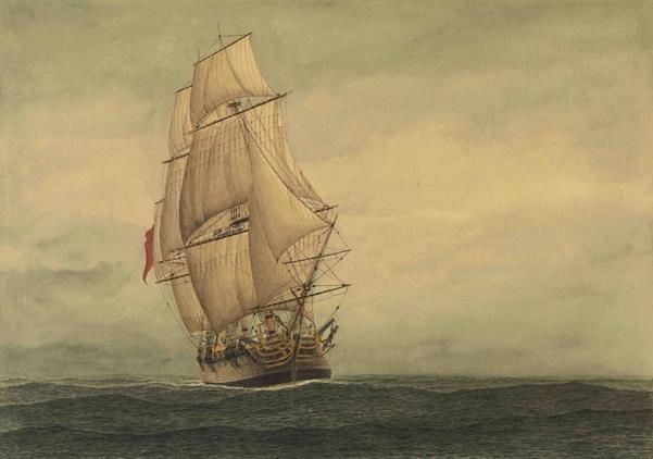 Colour painting of a 19th-century ship on the open seas. 