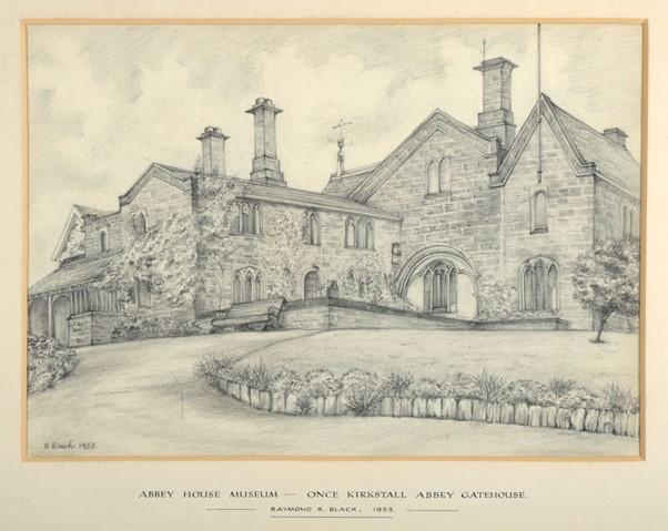 A pencil drawing of a stone house on a hill