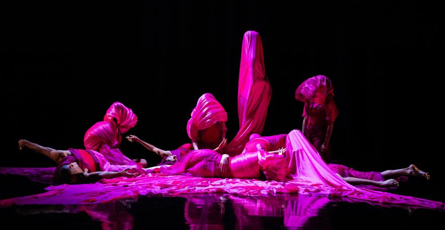 Dancers on stage. They are covered in silky pink sheets.