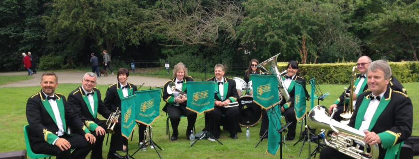 A brass band performing in a park. 