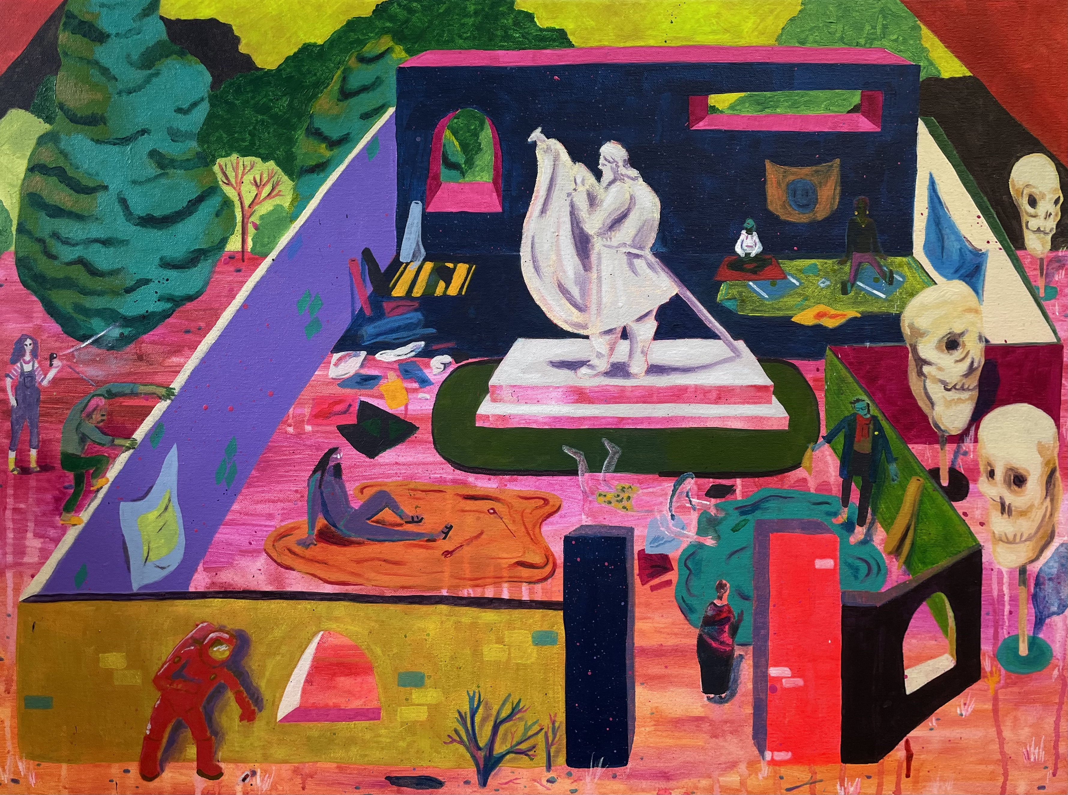 A painting of several figures in a fantastical colourful landscape, who appear to be making flags using fabric pieces.
