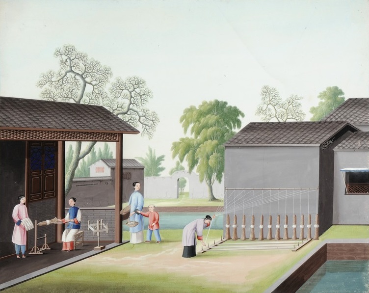 A watercolour shows people in traditional Chinese dress making silk. Two figures under an awning on the left spin the thread and a person in the centre winds it onto reels. In between, a woman carrying baskets holds a small child by the hand