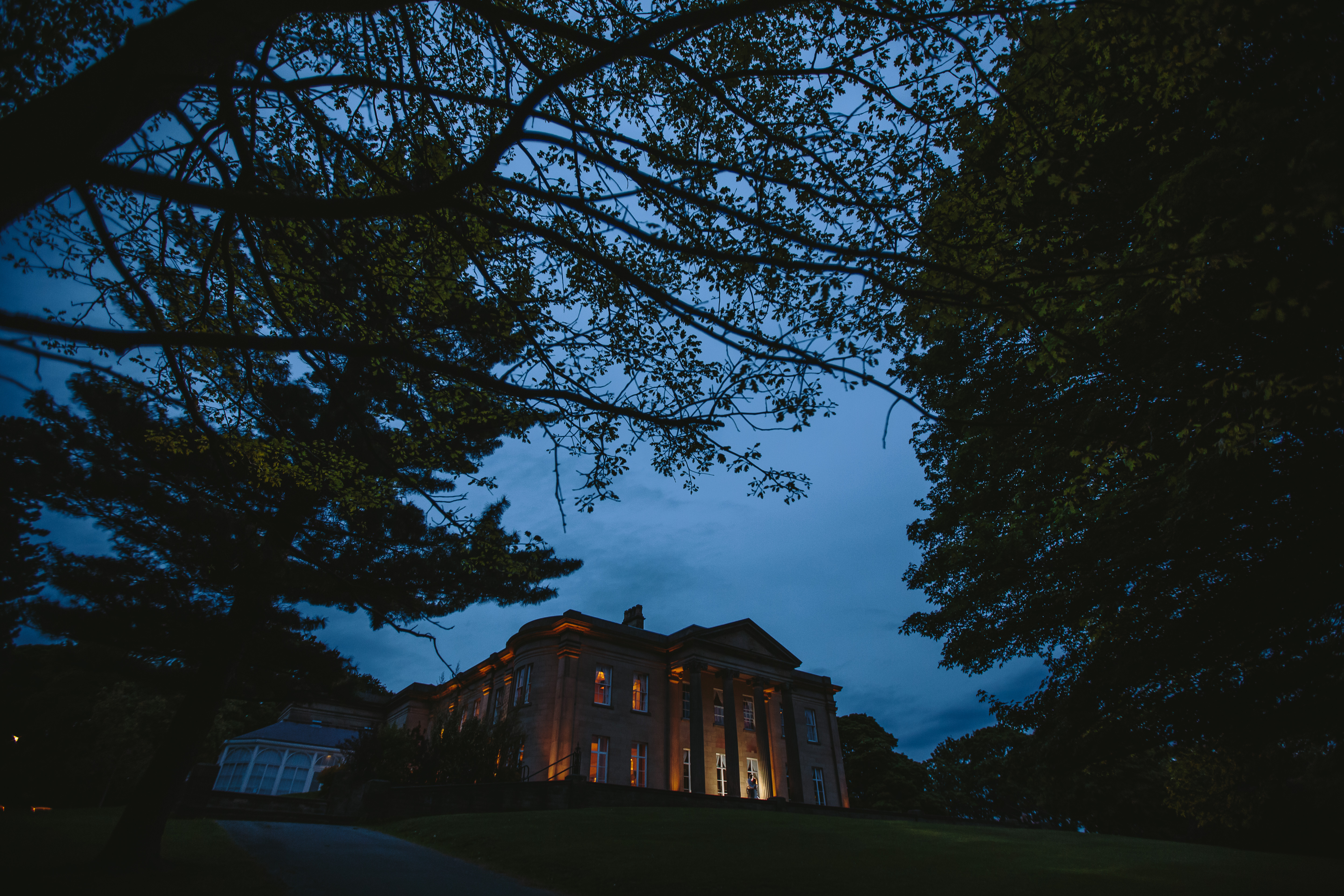 A mansion in a park at night