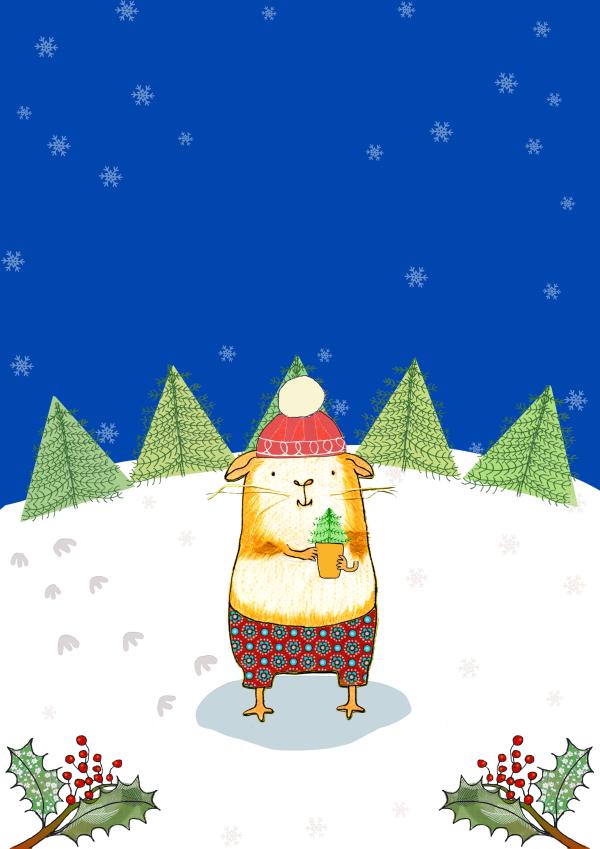 A cartoon hamster wears a wool hat and stands in a snow covered clearing