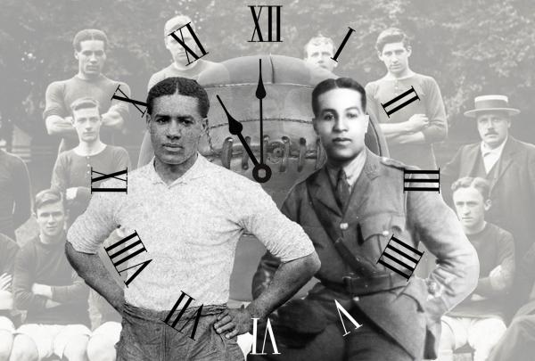 A black and white image. In the centre is a person wearing a white polo and next to this the same person stood wearing an army uniform. Behind the two figures there is a football. In the background is an image of a people sat in rows. In front of the image are the 12 points of a clock, with the hands pointing to 11 o'clock.
