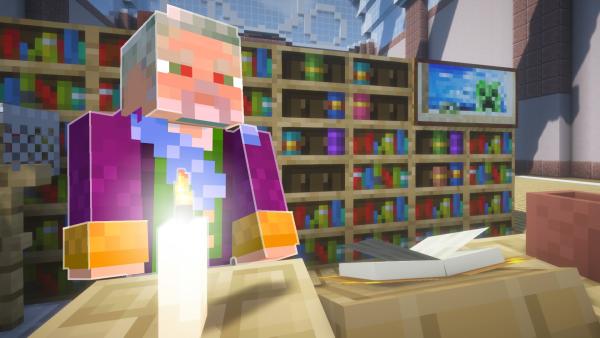 Minecraft screenshot showing a character in a library.