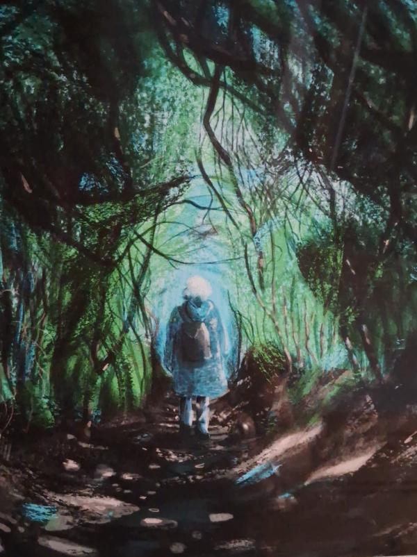 Eerie depiction of someone if indeterminate age and gender walking down a woodland path as the trees curve overhead in sinister fashion