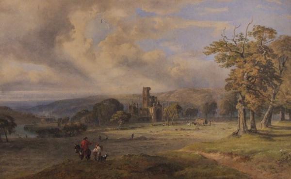View of Kirkstall Abbey from a hill (by George A. Fripp 1813-1896). River on the left trailing off into the distance.  Various figures engaged in agricultural tasks in the middle distance.  In the foreground a man in a red coat on horseback waves a stick over a labourer in a white smock.  A black a white dog stands next to them.