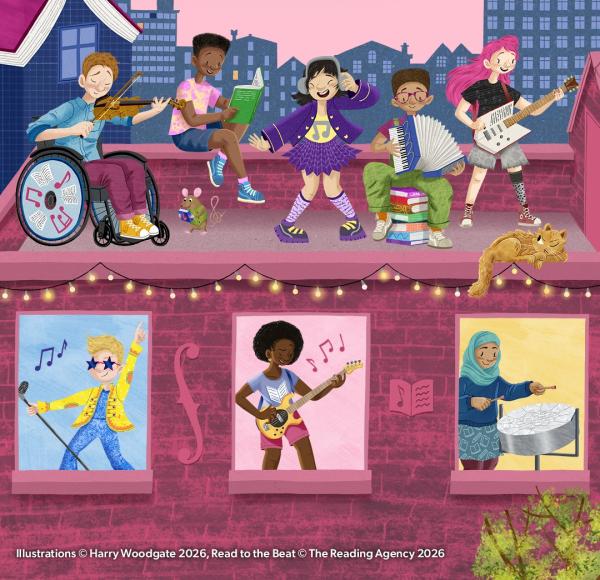 An illustration of children engaging in music