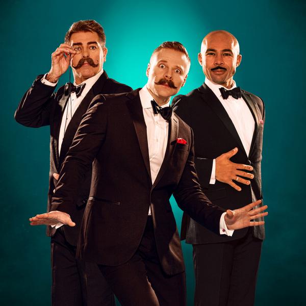 Three men with moustaches in tuxedoes against a blue-green background.