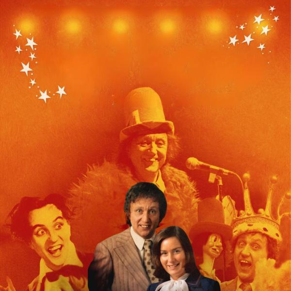 Images of Ken Dodd through the years including in some of his most iconic items of clothing such as he tall hat, a crown, his puppet and his tickle stick and a coloured image of him and Lady Anne in 70s suits.