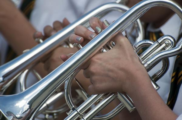 A musician playing a cornet. 