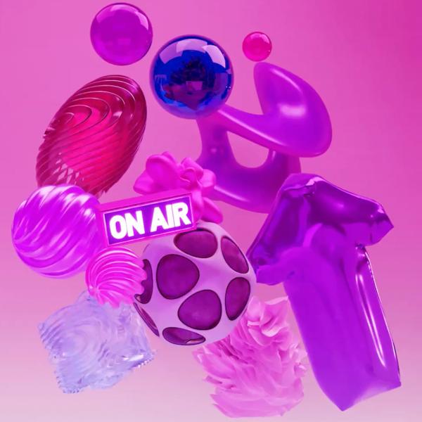 Abstract circular shapes in pink and purple tones on a pink background with the text 'on air'