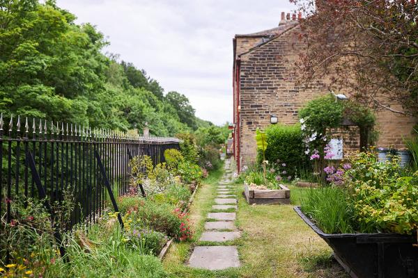 image of the Colour Garden at the museum. trees to left with railings, a paved path in the middle and the museum building on the right