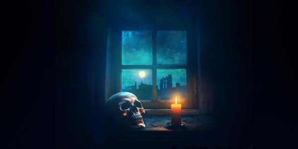 A window with a skull in front of it. It seems to be evening or nighttime outside. 