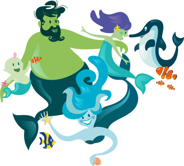 A mermaid family swim with a dolphin and a fish