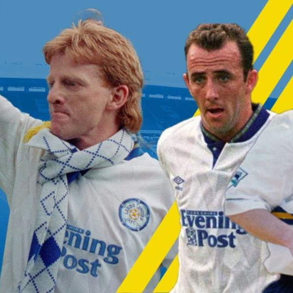 Old photos of Gordon Strachen and Gary McAllister in their Leeds United kit with Elland Road in the background.