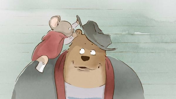 Drawn image of a bear wearing a coat and hat, looking up at a clothed mouse on their shoulder who is whispering in their ear.