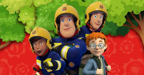 Three cartoon firemen, and a young boy. Background is red with trees. 