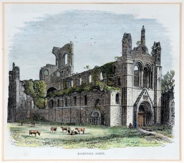 A depiction of the nave of Kirkstall Abbey in ruins, surrounded by livestock