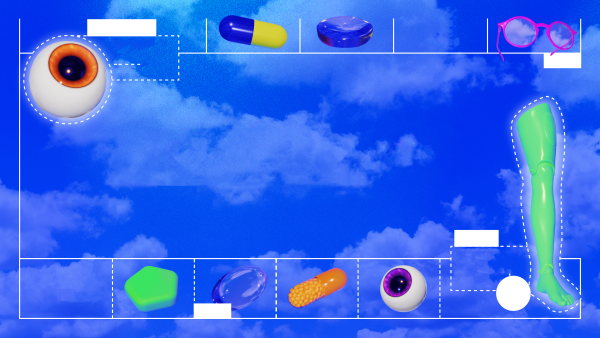 A backdrop of a clouded blue sky, accompanied by 3D-animated floating eyes, prosthetics, medication and glasses.