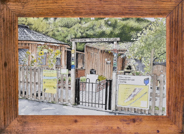 Illustration of Hollybush entrance in a wooden frame.