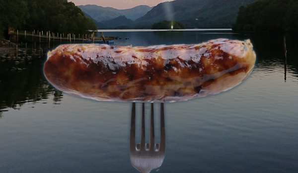 Cooked sausage stuck on a fork, background is a lake at twilight.