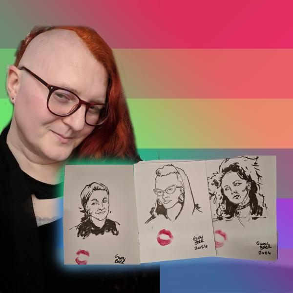 A white woman with undercut and glasses looks at the camera and three small ink portraits are at the bottom