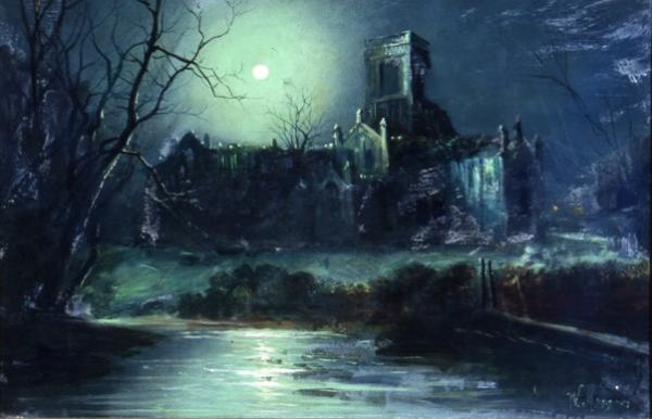 A depiction of Kirkstall Abbey in moonlight. The river Aire is to the foreground.