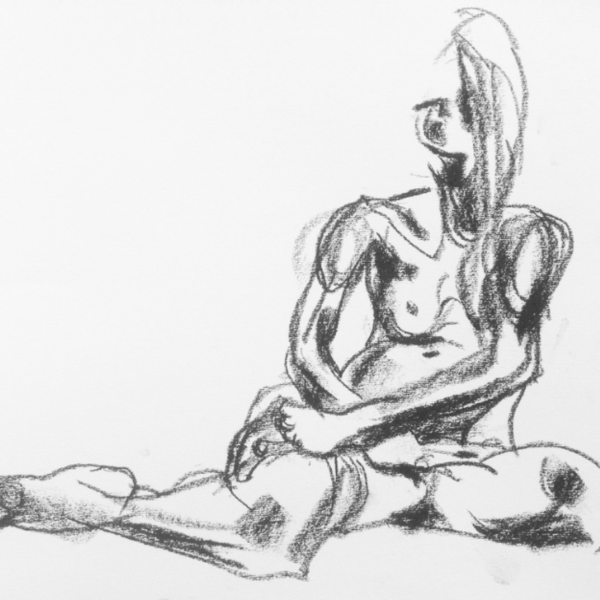 Black charcoal drawing of a nude figure seated on the ground on a white background 