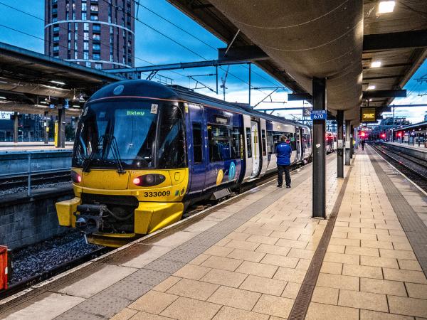 A photograph of a train at Leeds Train Station