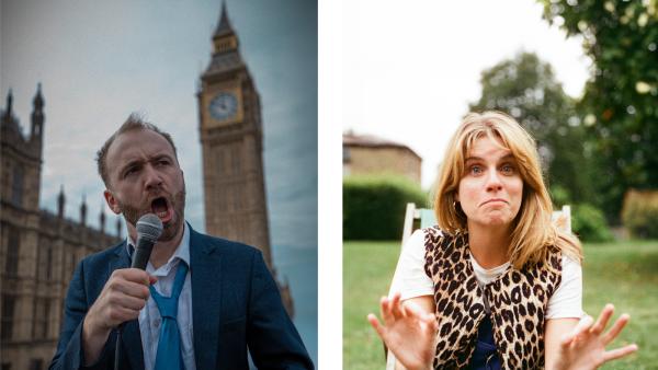 On the left, a white bearded man wearing a blue suit standing in front of the houses of parliament with a microphone. On the right, a white woman in a garden half-way through speaking wearing a summery top.