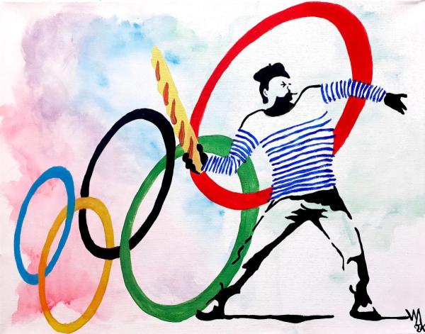 street art, olympic rings. french man holding baguette