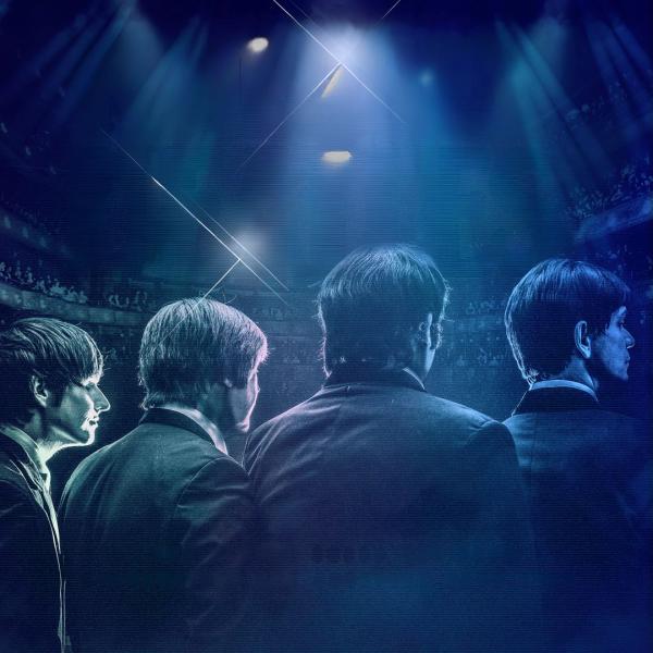 Blue-tones sketch drawing of the backs of the four Beatles with their original shaggy hair stood in front of a packed auditorium.