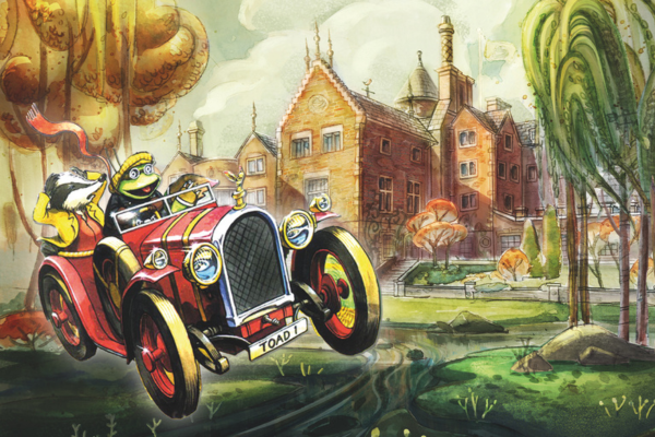 A cartoon image of a toad, badger and mole in a red, old-fashioned car in front of a large, old house.