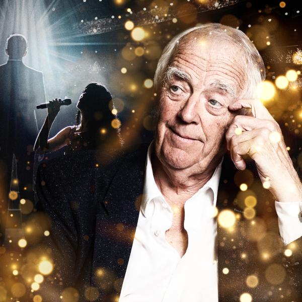 A glitzy image of Tim Rice wearing a black suit jacket and partially-unbuttoned white shirt with his left arm up to his left temple. Faded into the image is a singer with a microphone in a sparkly dress and a figure wearing a suit with their back to the camera in a spotlight.