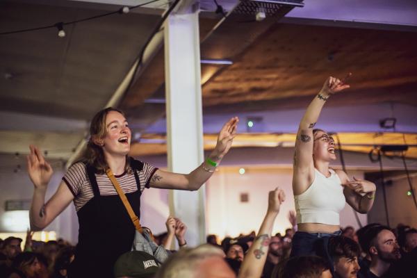 two people with hands in the air watching a performance at a music venue