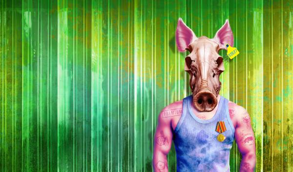 A toned, bruised body stands wearing a dirty vest with the skull of a pig as its head. Green PVC butcher’s curtains hang in the background and white text displays ‘Animal Farm.’