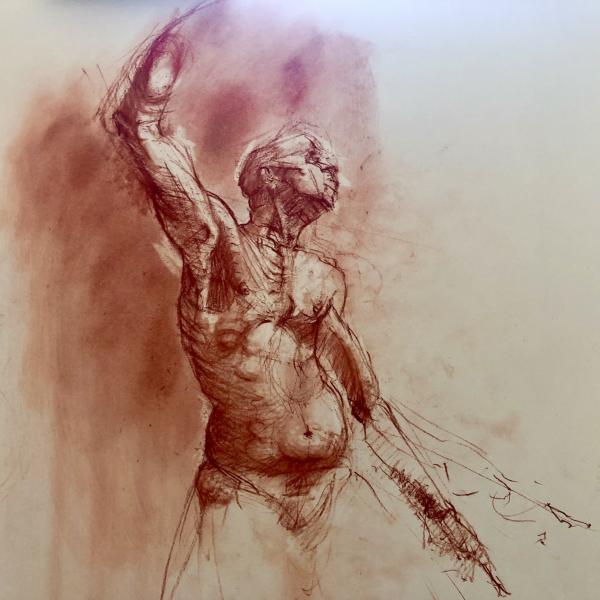 A sanguine drawing of a naked man's torso