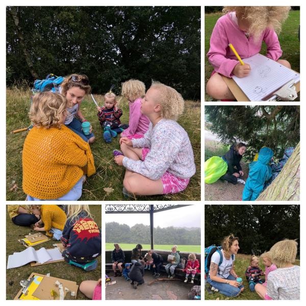 A collage of six photos showing me - Hope! - running workshops with different children. The children are pictured engaging in creative activities such as drawing, sticking, as well discussing what we've done and listening to our surroundings.