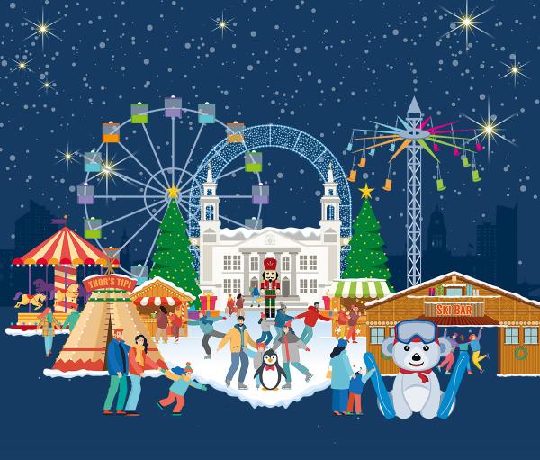 Festive winter scene with people skating, a big wheel, carousel, ski bar and market stalls. Snow-covered ground, illuminated trees, and a twinkling night sky contribute to the festive atmosphere.