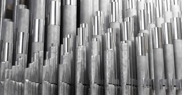 A picture of the grey pipes inside the Leeds Cathedral organ. 