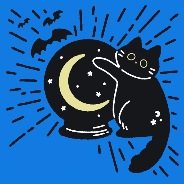 A cute image of a black cat with its paw on a crystal ball; the crystal ball reflects the image of the moon and stars, and is surrounded by small flying bats. 