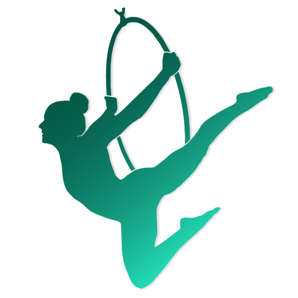 graphic of an aerial performer hanging and posing on a hoop, looking to the left