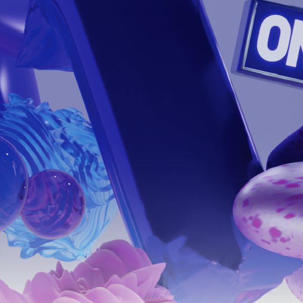 An abstract image with translucent blue spheres, wave-like textures, pink flower petals, a purple-spotted egg shape, and a partial 'ON' sign