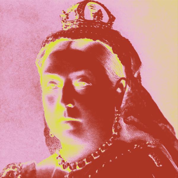 A portrait of Queen Victoria with an iridescent red and yellow.